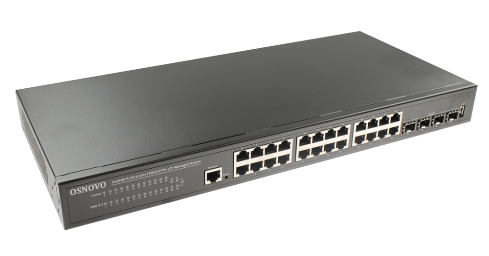 SW-24G4X-L2 - Управляемый L2+ коммутатор Gigabit Ethernet на 28 портов. Порты: 24 x GE (10/100/1000Base-T) + 4 x 1G/10G SFP+ Uplink. Монтаж в 19 - дюймовую стойку, крепление в комплекте. Размеры (ШхВхГ): 440x44x200мм, OSNOVO