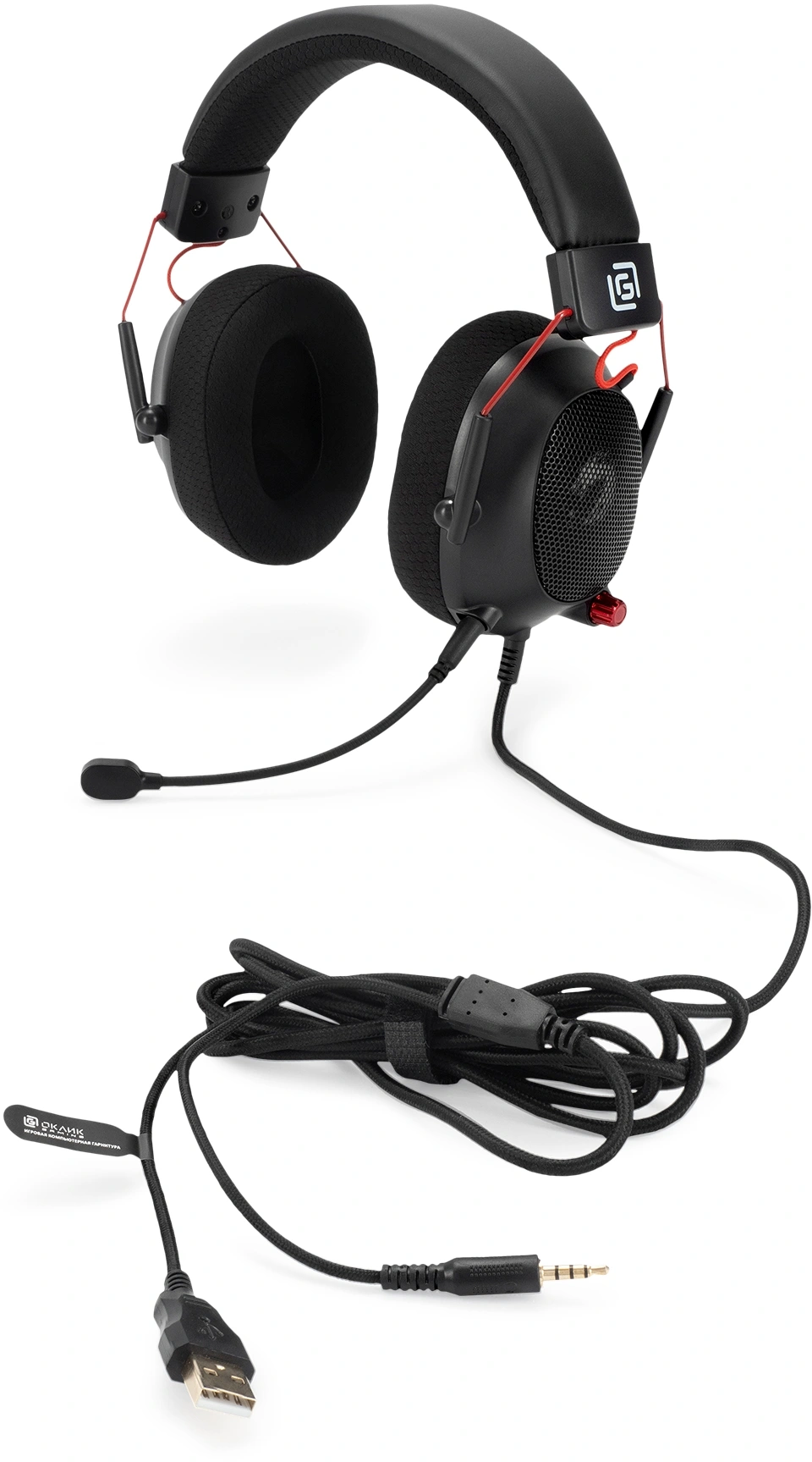 Наушники с микрофоном Оклик HS-L305G черный/красный 2м мониторные оголовье (2060511)