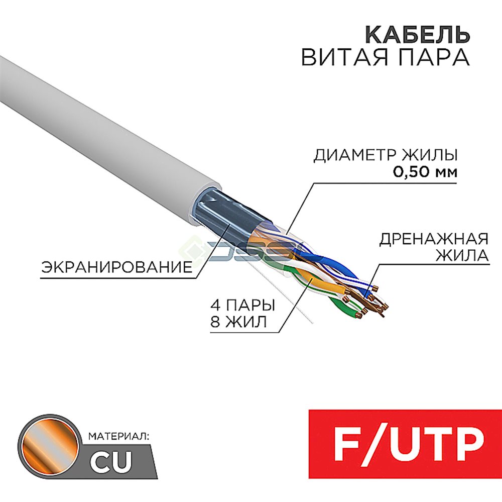 01-0169 - Кабель витая пара F/UTP, CAT 5e, ZH нг(А)-HF, 4PR, 24AWG, INDOOR, SOLID, серый, 305м, REXANT