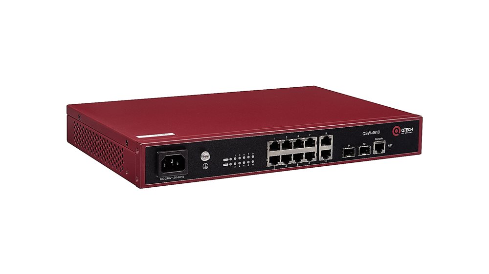 QSW-4610-10T-POE-AC Коммутатор QTECH управляемый L2+ с поддержкой PoE 802.3af/at (8 портов 10/100/1000BASE-T, 2 порта 100/1000BASE-X SFP, 4K VLAN, 16K MAC адресов, консольный порт, встроенный БП разъем питания на передней панели, 100-240В AC)