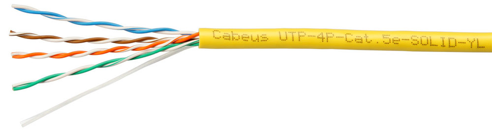 Cabeus UTP-4P-Cat.5e-SOLID-YL-100 - Кабель витая пара UTP (U/UTP), категория 5e, 4 пары (24 AWG), одножильный, желтый (100 м), системная гарантия 25 лет.