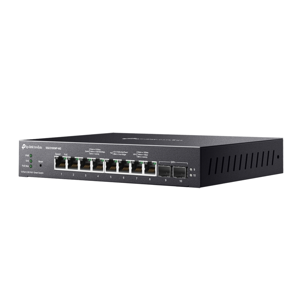 SG2210XMP-M2 - Omada 8-портовый 2.5G коммутатор Smart с 2 слотами 10G SFP+ и 8 портами PoE+. Порты: 8 х портов 2.5 Гбит/с PoE+, 2 х слота 10G SFP+, TP-link