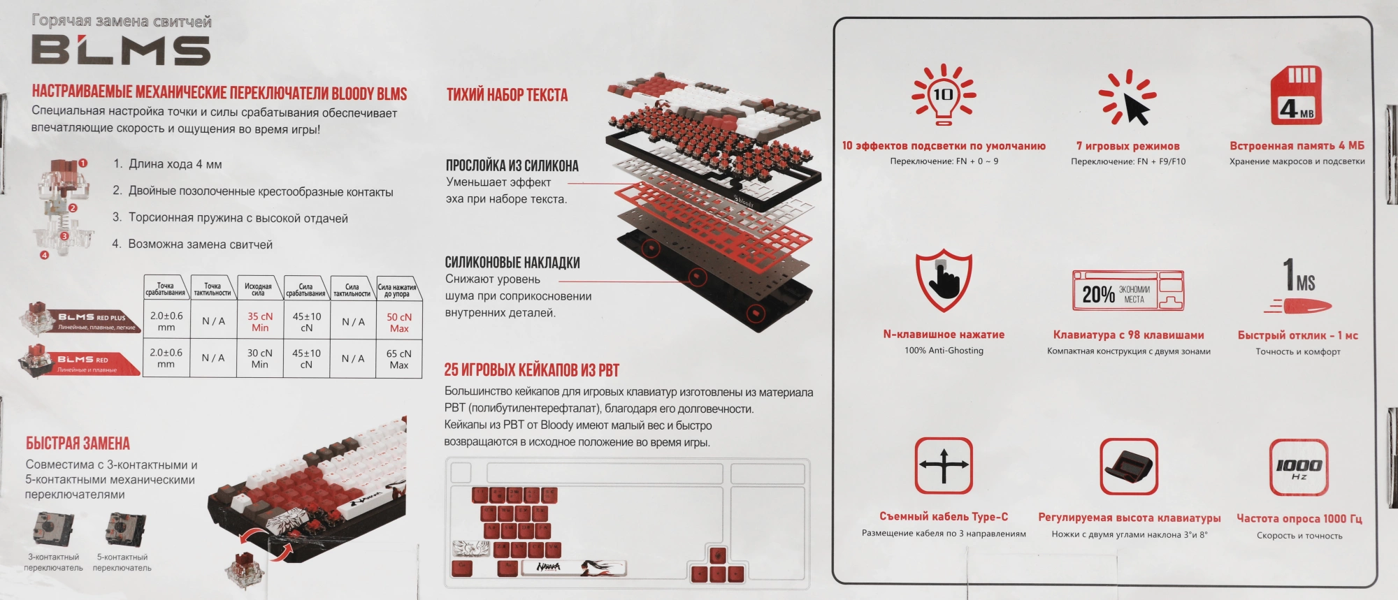Клавиатура A4Tech S98 Naraka механическая черный/красный USB for gamer LED (S98 NARAKA BLMS RED PLUS) кабель 1.8м