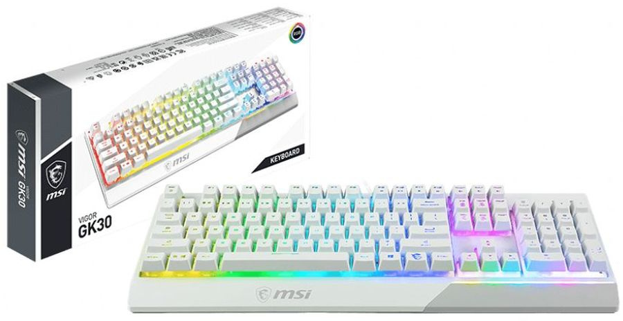 Клавиатура MSI GK30 белый USB Multimedia for gamer LED (подставка для запястий) (S11-04RU304-CLA) кабель 1.8м