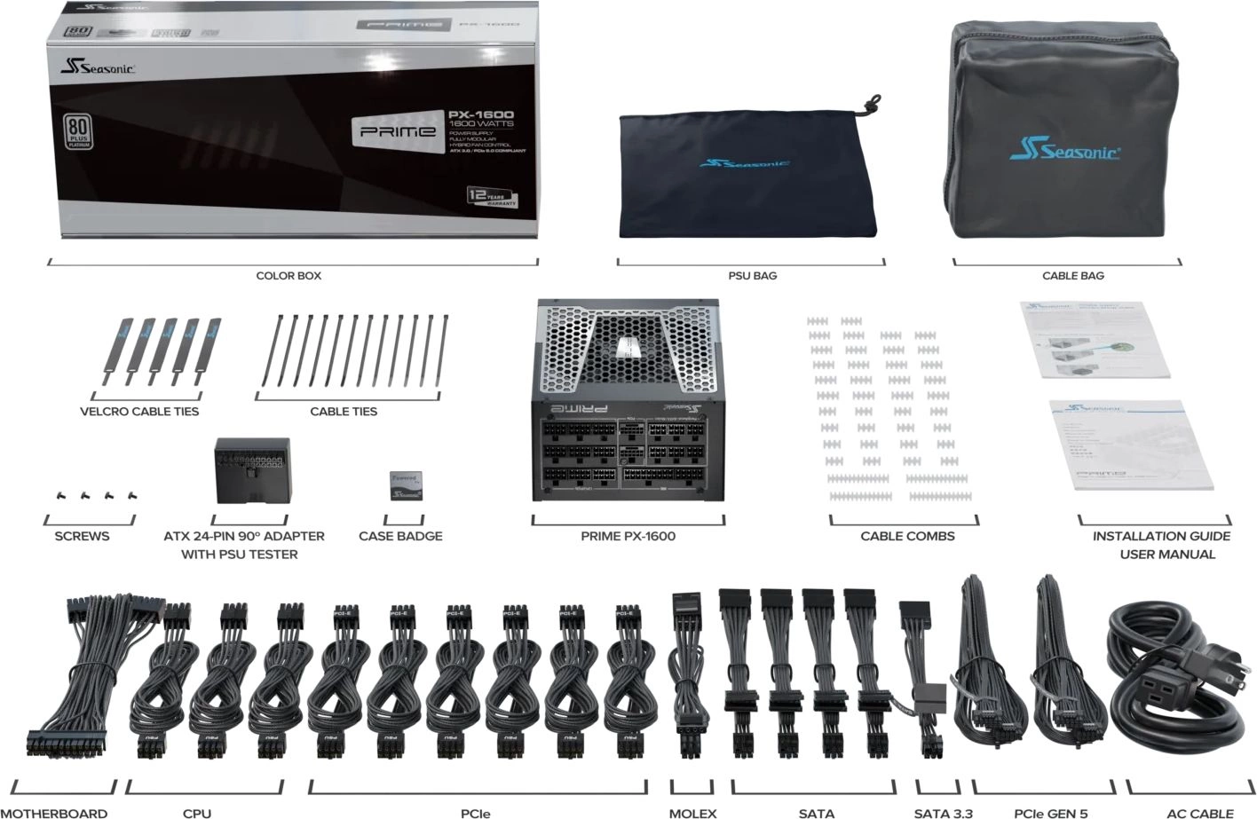 Блок питания Seasonic ATX 1600W Prime PX-1600 Gen.5 80+ platinum (20+4pin) APFC 135mm fan 18xSATA Cab Manag RTL