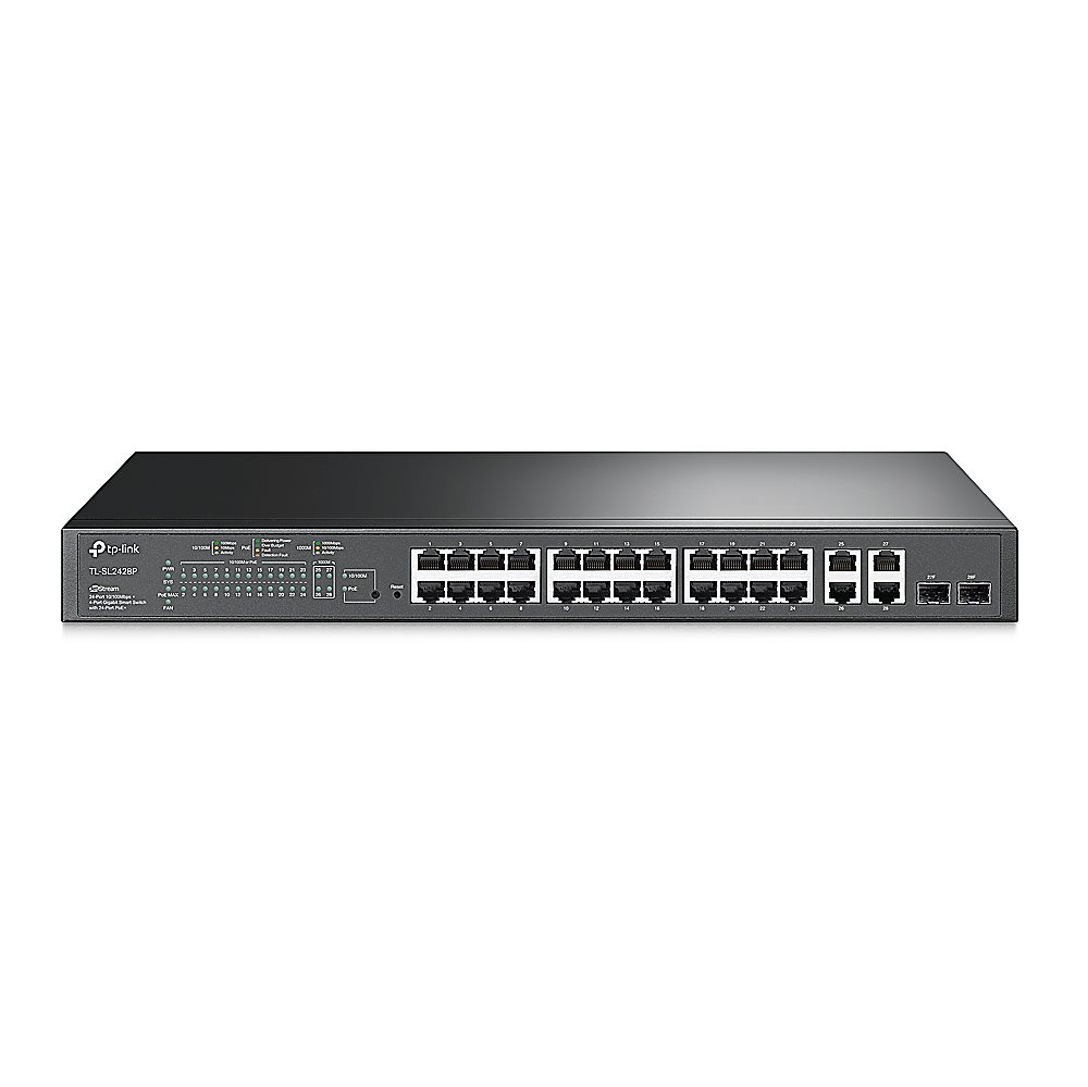 TL-SL2428P - JetStream Smart коммутатор TP-Link с 24 портами 10/100 Мбит/с, 4 гигабитными портами и 24 портами PoE+, бюджет PoE до 250 Вт
