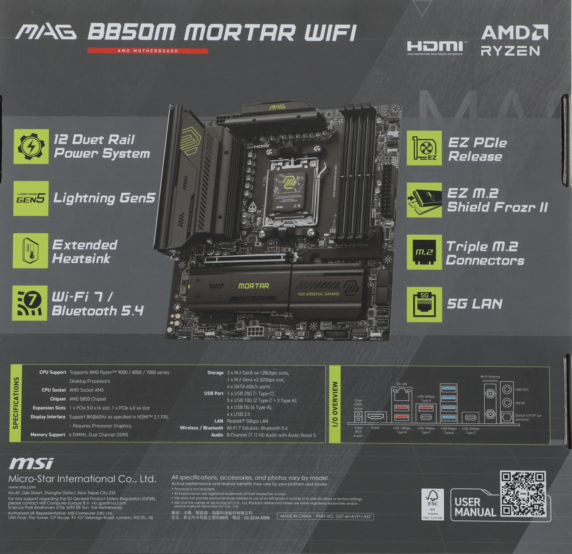 Материнская плата MSI MAG B850M MORTAR WIFI Socket AM5 AMD B850 4xDDR5 mATX AC`97 8ch(7.1) 5Gigabit RAID+HDMI