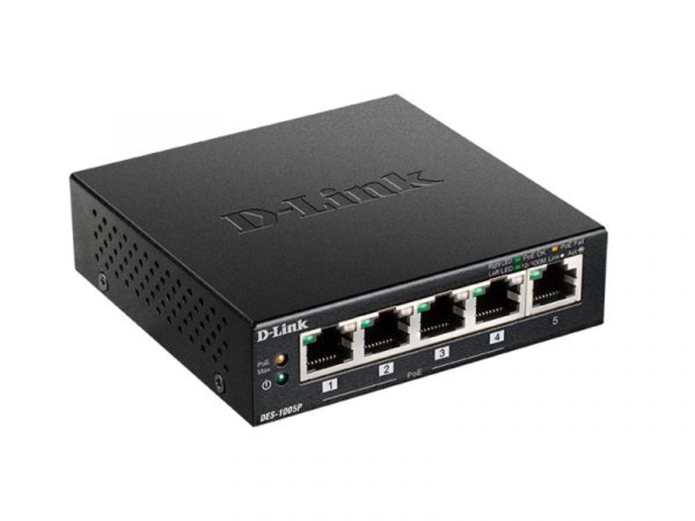 DES-1005P/B1A Неуправляемый коммутатор с 5 портами 10/100Base-TX, функцией энергосбережения и поддержкой QoS (4 порта с поддержкой PoE 802.3af/802.3at (30 Вт), PoE-бюджет 60 Вт)