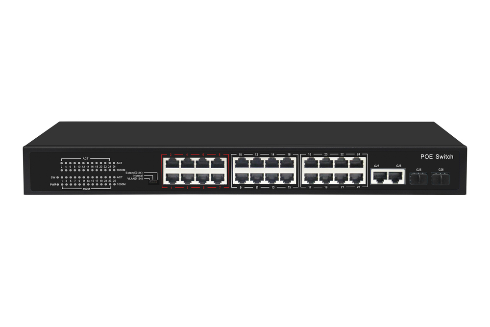 GL-SW-F005-24P - Коммутатор NIKOMAX, неуправляемый, 24 PoE (802.3af/at) порта 10/100Мбит/с 1-8 порт до 250 метров cat.6, 2 * COMBOSFP 1000Мбит/с, 300Вт