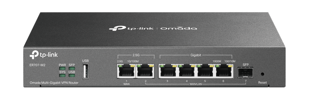 TP-Link ER707-M2 - VPN-маршрутизатор Omada с мультигигабитными портами¶ПОРТЫ: 1 порт RJ45 WAN 2,5 Гбит/с, 1 порт RJ45 WAN/LAN 2,5 Гбит/с, 1 гигабитный порт SFP WAN/LAN, 4 гигабитных порта RJ45 WAN/LAN, 1 порт USB 2.0