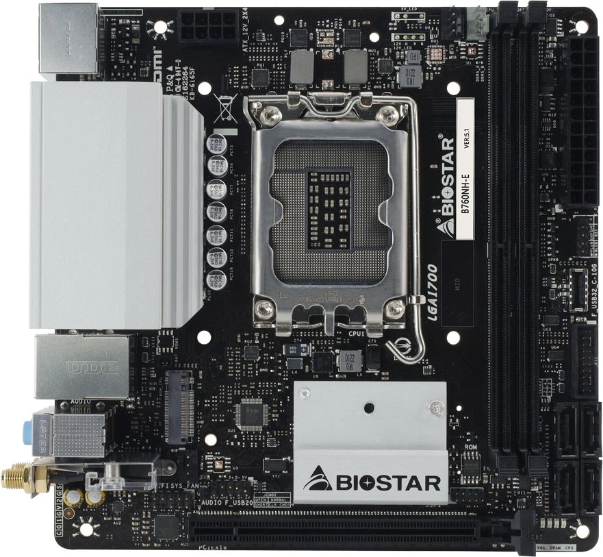 Материнская плата Biostar B760NH-E Soc-1700 Intel B760 2xDDR5 mini-ITX AC`97 8ch(7.1) 2.5Gg RAID+HDMI+DP