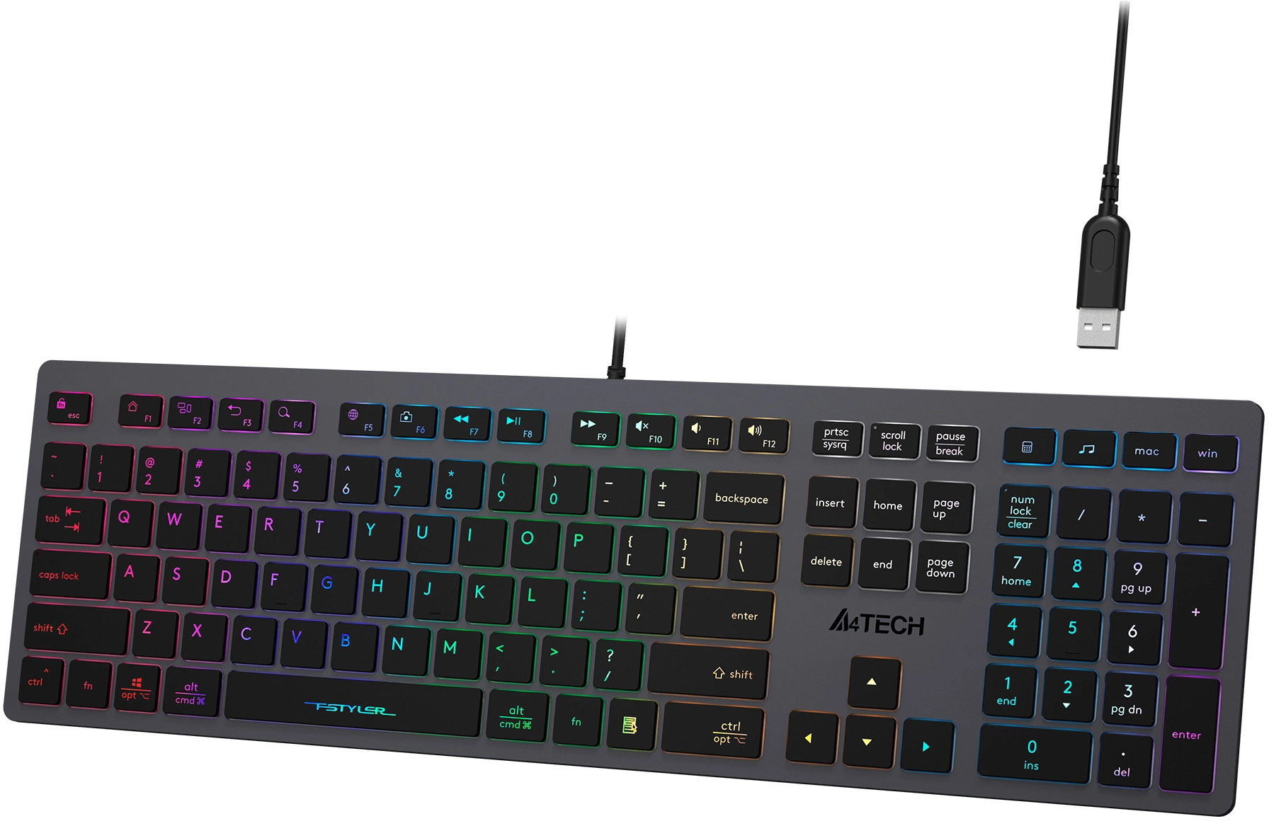 Клавиатура A4Tech FX60H серый USB slim LED (FX60H GREY/NEON) кабель 1.5м