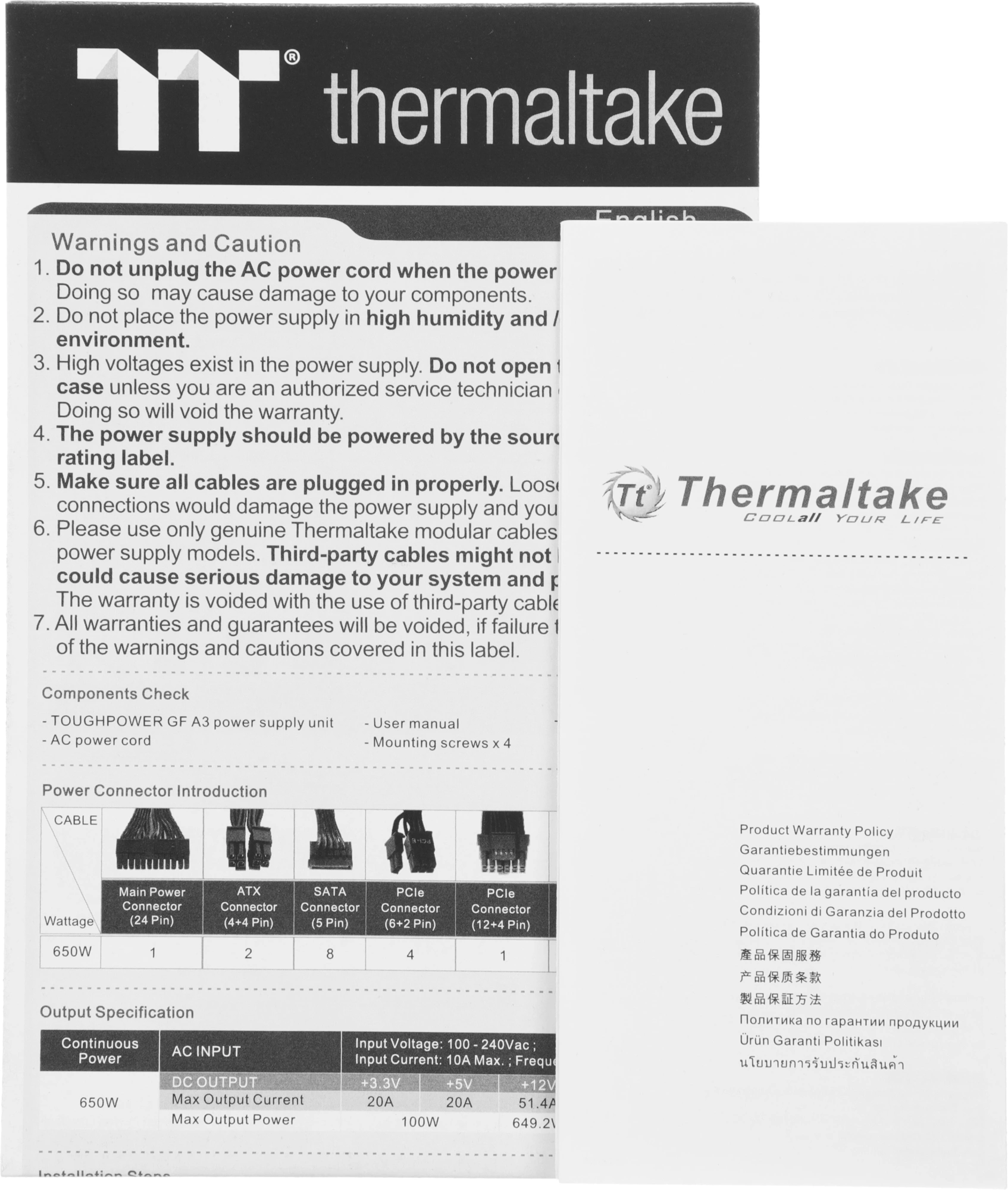Блок питания Thermaltake ATX 650W Toughpower GF A3 Gen.5 80+ gold (20+4pin) APFC 120mm fan 8xSATA Cab Manag RTL