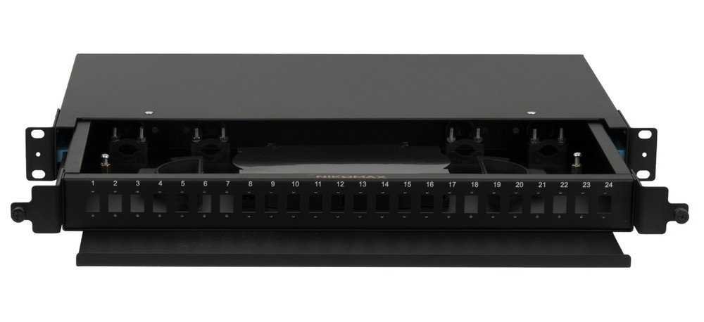 NMF-RP08LCUM2-TS-P1-1U-BK - Оптический кросс NIKOMAX 19" Premium Line, 1U, укомплектованный на 8 портов LC/UPC (4 двойных LC/UPC адаптера), MM 50/125 OM2, выдвижной, с полкой,  черный, в комплекте: адаптеры, монтажные шнуры 1м, сплайс-кассета с крышкой, г