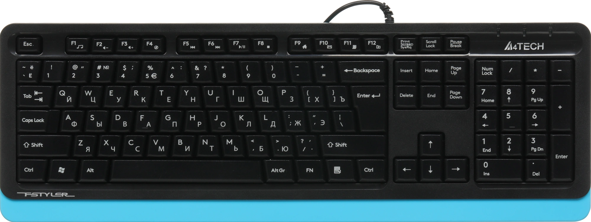 Клавиатура A4Tech FKS10 черный/синий USB (подставка для запястий) (FKS10 BLUE) кабель 1.5м