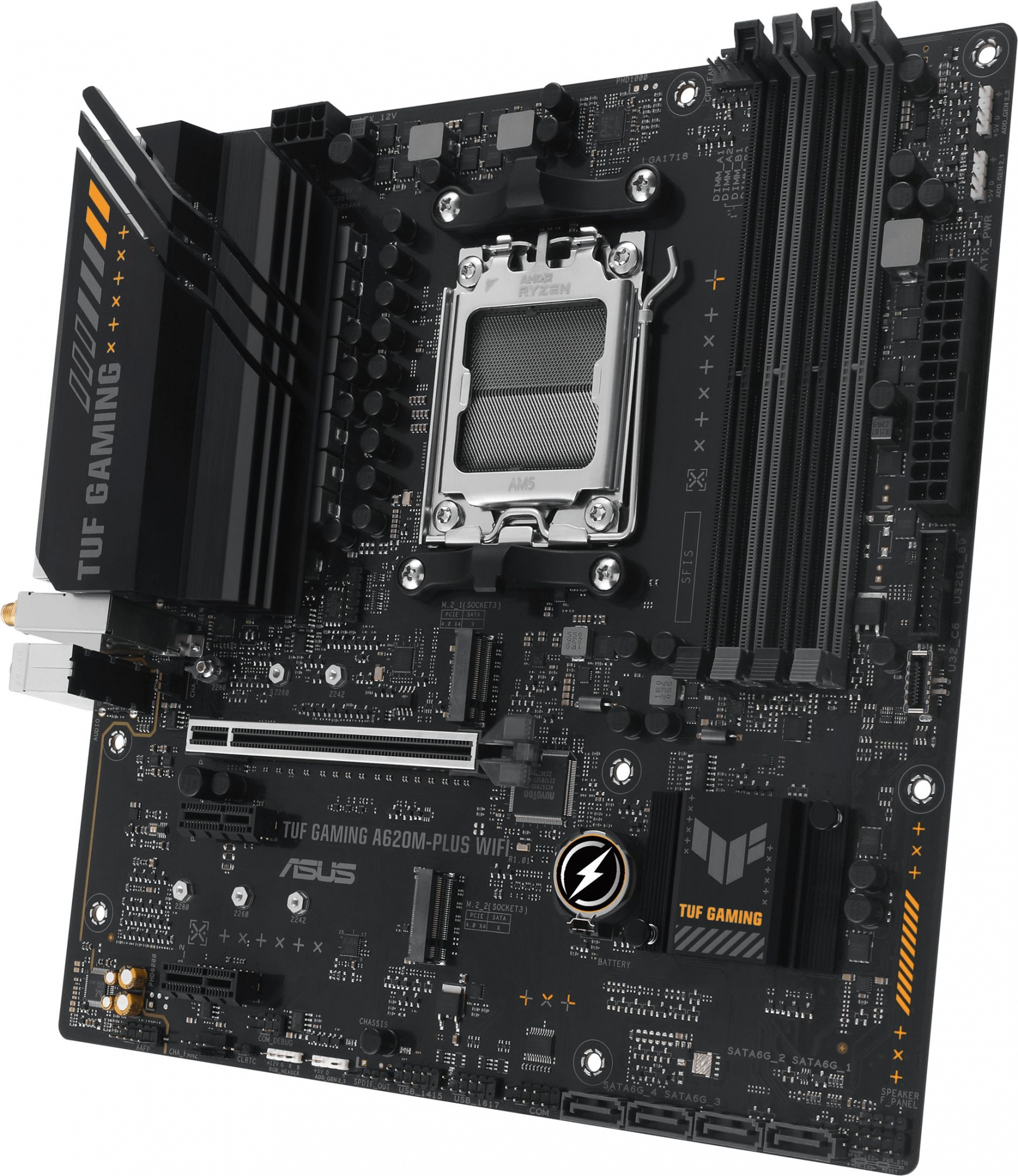 Материнская плата Asus TUF GAMING A620M-PLUS WIFI Socket AM5 AMD A620 4xDDR5 mATX AC`97 8ch(7.1) 2.5Gg RAID+HDMI+DP