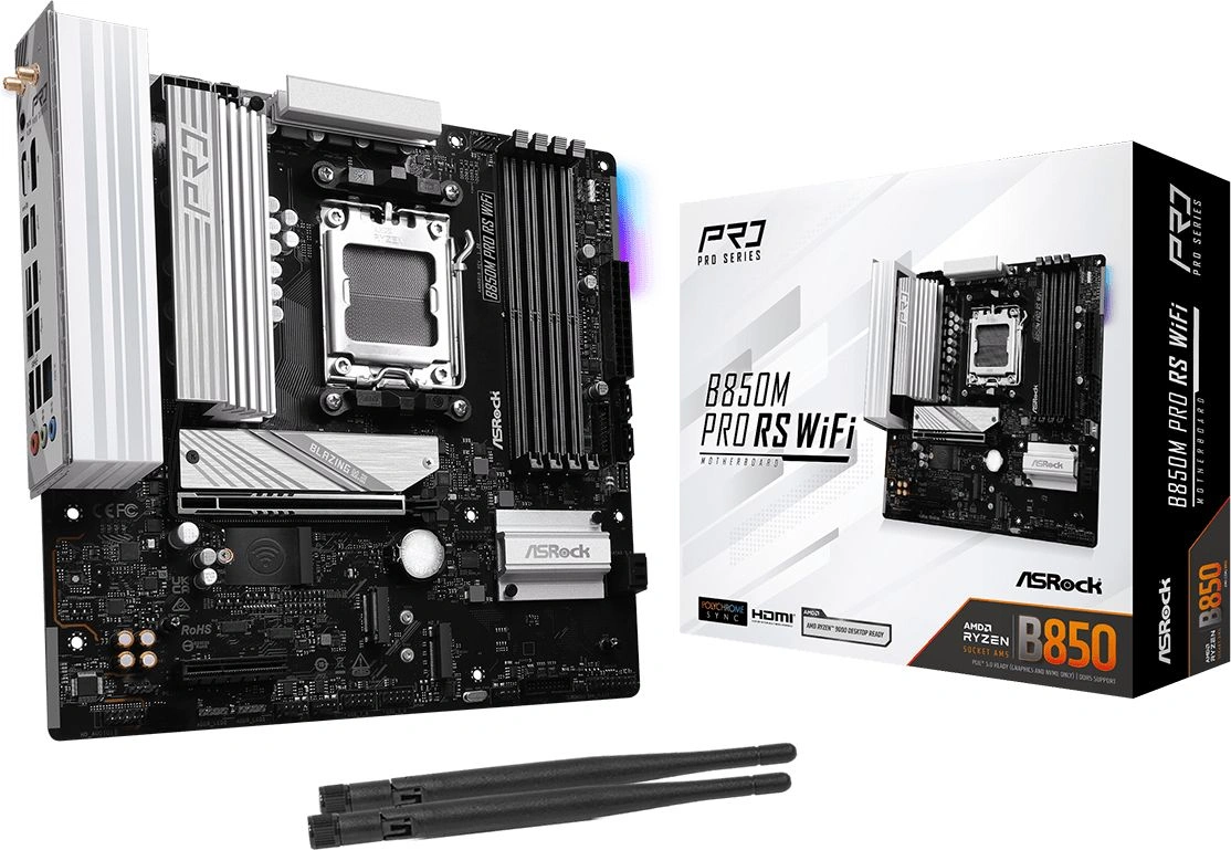 Материнская плата Asrock B850M PRO RS WIFI Socket AM5 AMD B850 4xDDR5 mATX AC`97 8ch(7.1) 2.5Gg RAID+HDMI+DP