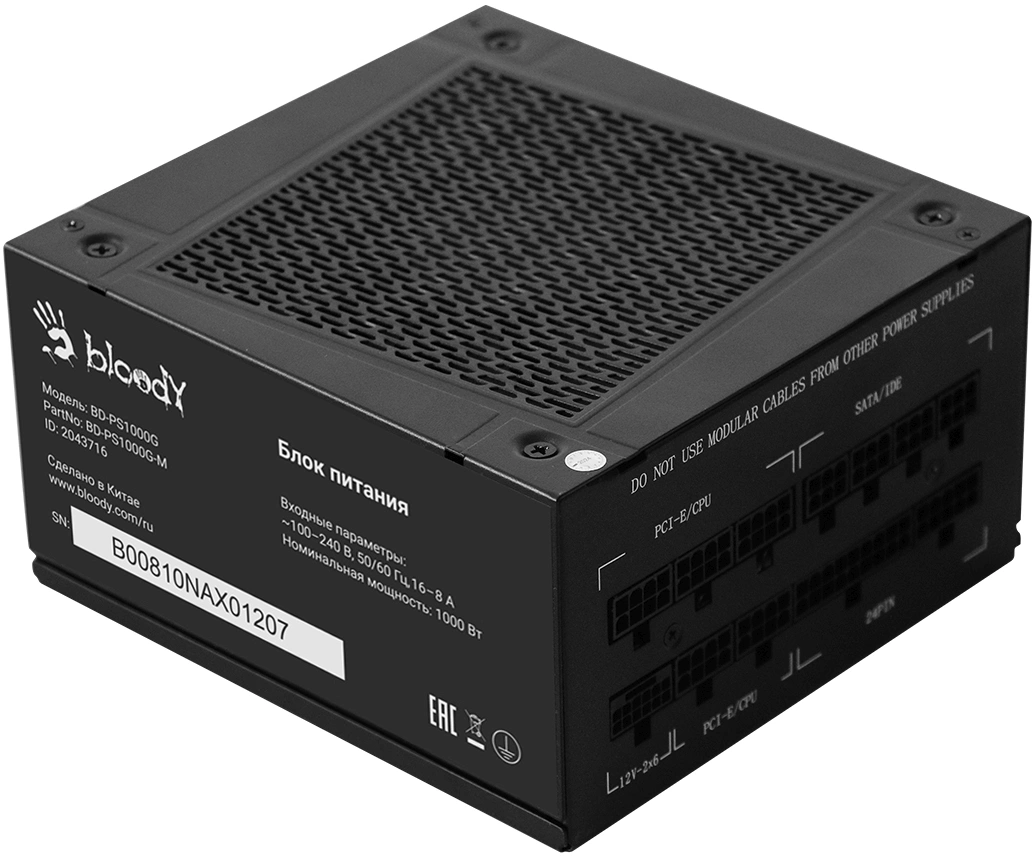 Блок питания Bloody ATX 1000W BD-PS1000G 80+ gold (20+4pin) APFC 140mm fan 12xSATA Cab Manag RTL