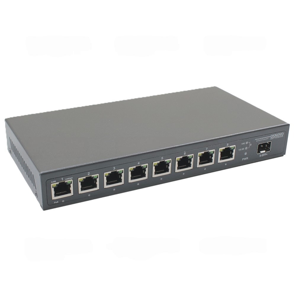 SW-8D1X(120W) - PoE коммутатор Osnovo, 2.5G Ethernet на 8xRJ45+1x1/2.5/10G SFP портов. Порты: 1 x 2.5G (10/100/1000/2500Base-TX) с PoE (до 90W, A+B) + 7 x 2.5G (10/100/1000/2500Base-TX) с PoE (до 30W) + 1 x 1/2.5/10G SFP+