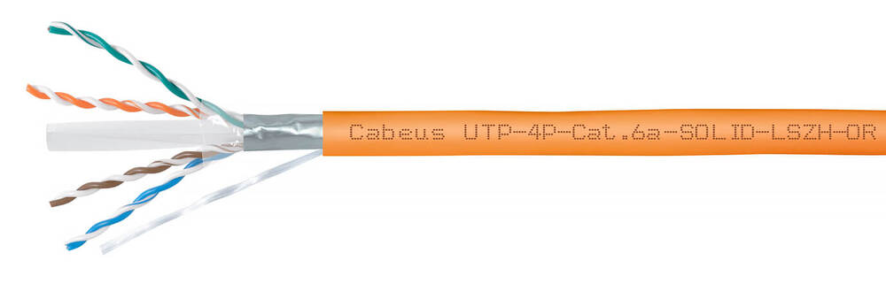 Cabeus UTP-4P-Cat.6a-SOLID-LSZH-OR-500 - Кабель витая пара UTP (U/UTP), категория 6A, 4 пары (23 AWG), одножильный, LSZH нг(А)-HF, оранжевый (500 м)