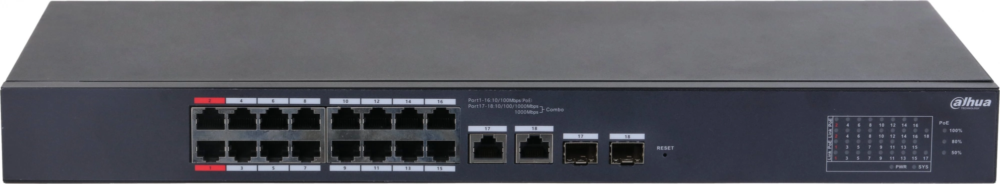 Коммутатор Dahua DH-CS4218-16ET-190 (L2) 16x100Мбит/с 2x1Гбит/с 2xКомбо(1000BASE-T/SFP) 2SFP 16PoE 190W управляемый