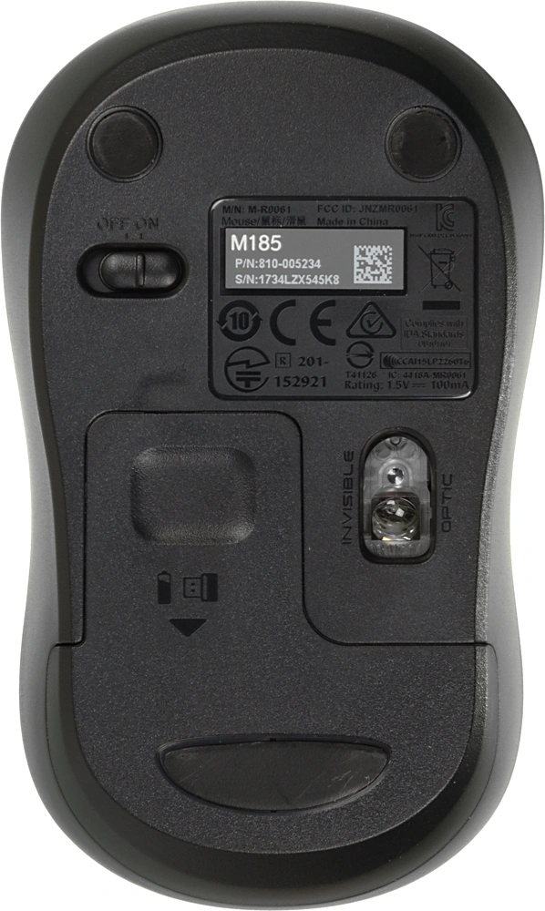 Мышь Logitech M185 черный/серый оптическая 1000dpi беспров. USB для ноутбука 2but (910-002252)