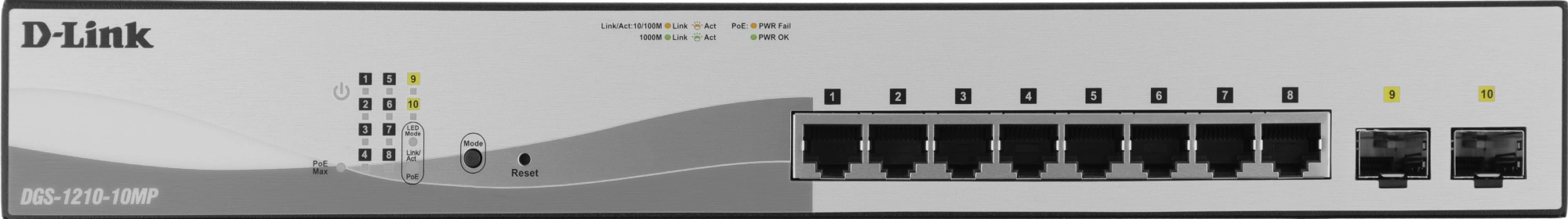 Коммутатор D-Link DGS-1210-10MP/FL (L2) 8x1Гбит/с 2SFP 8PoE+ 130W управляемый