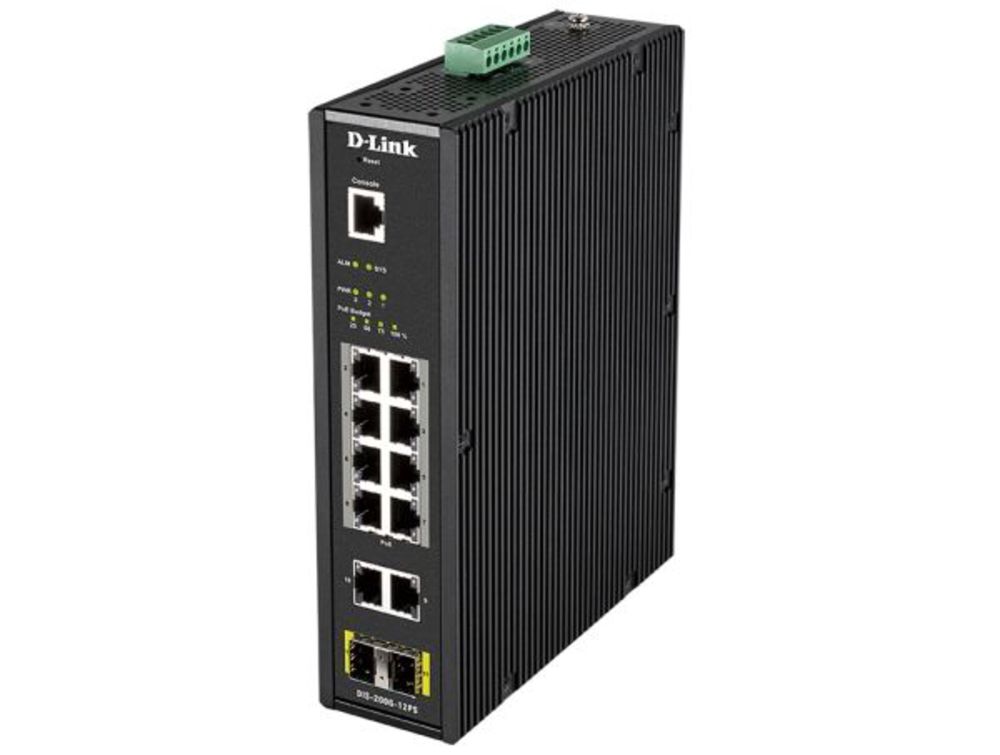 DIS-200G-12PS/A2A Промышленный управляемый коммутатор D-Link 2 уровня с 10 портами 10/100/1000Base-T и 2 портами 1000Base-X SFP (8 портов с поддержкой PoE 802.3af/802.3at (30 Вт), PoE-бюджет до 240Вт)