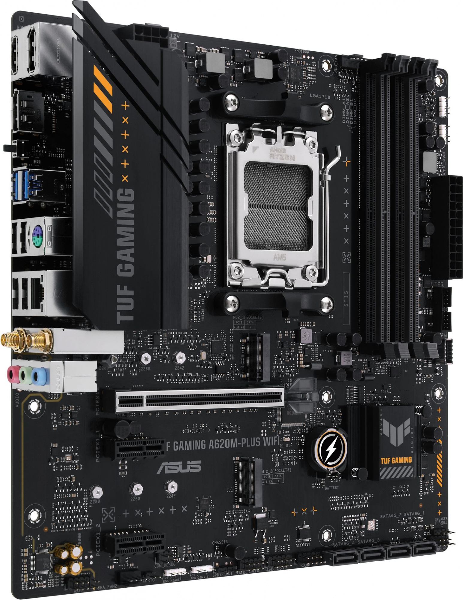 Материнская плата Asus TUF GAMING A620M-PLUS WIFI Socket AM5 AMD A620 4xDDR5 mATX AC`97 8ch(7.1) 2.5Gg RAID+HDMI+DP