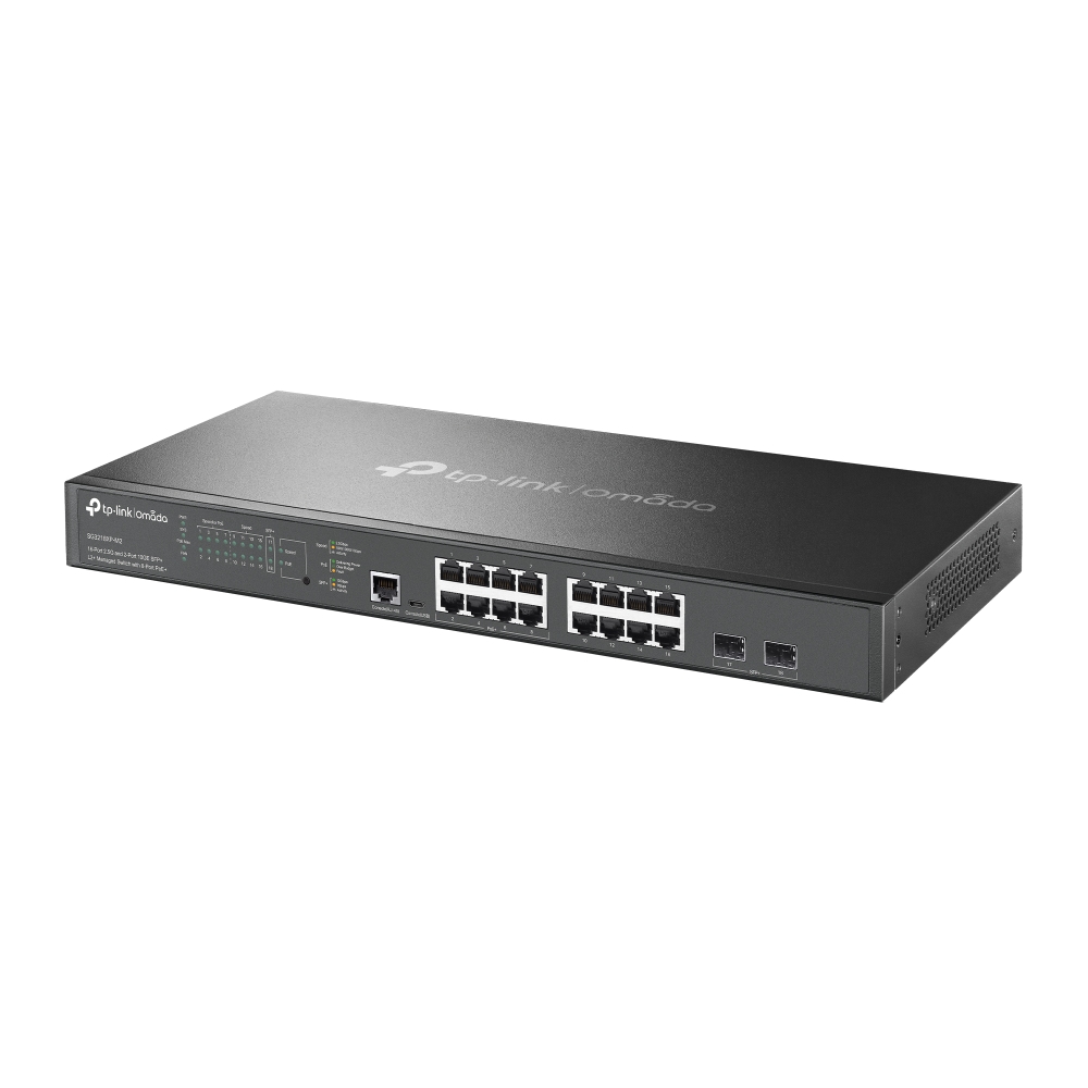 SG3218XP-M2 - Omada 16-портовый 2.5G управляемый коммутатор L2+ с 8 портами PoE+ и 2 слотами 10G SFP+.Порты: 8 х портов 2.5 Гбит/с PoE+, 8 х портов 2.5 Гбит/с без PoE, 2 х слота 10G SFP+, консольный порт RJ45/Micro-USB, TP-link