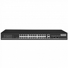 SW-62422(400W) - PoE коммутатор Fast Ethernet на 26 портов. Порты: 24 x FE (10/100 Base-T) с поддержкой PoE (IEEE 802.3af/at), 2 x GE Combo Uplink (RJ45 + SFP). Соответствует стандартам PoE IEEE 802.3af/at