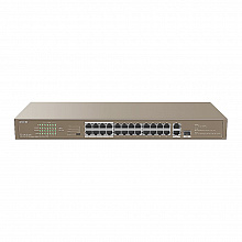 Tenda TEF1126P-24-250W - Коммутатор PoE неуправляемый, 24 порта PoE 10/100 Base-TX + 2 порта 10/100/1000 Base-T и 1 порт 1000 Base-X SFP IEEE 802.3af/at, автоматически идентифицирует устройства с питанием от PoE. Бюджет PoE 250 Вт и 30 Вт (на порт), грозо
