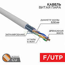 02-0021 - Кабель витая пара REXANT PRO, F/UTP, CAT 5e, ZH нг(А)-HF, 4х2х0,52мм, 24AWG, INDOOR, SOLID, серый, 305м