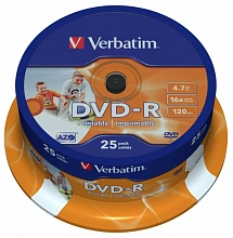 Диск DVD-R Verbatim 4.7Gb 16x Cake Box (25шт) Printable (43538)